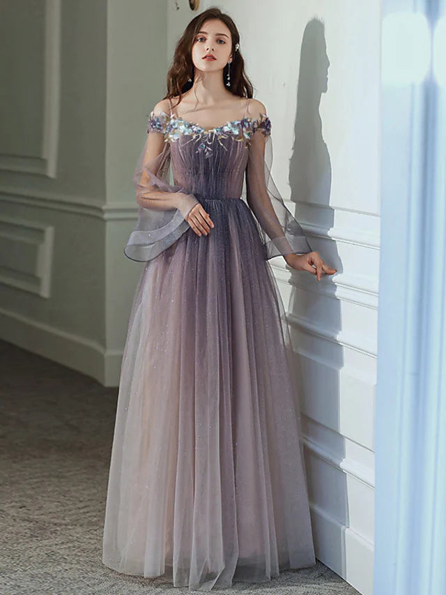 A-Line Minimalist Elegant Party Wear Prom Dress Off Shoulder Long Slee ...
