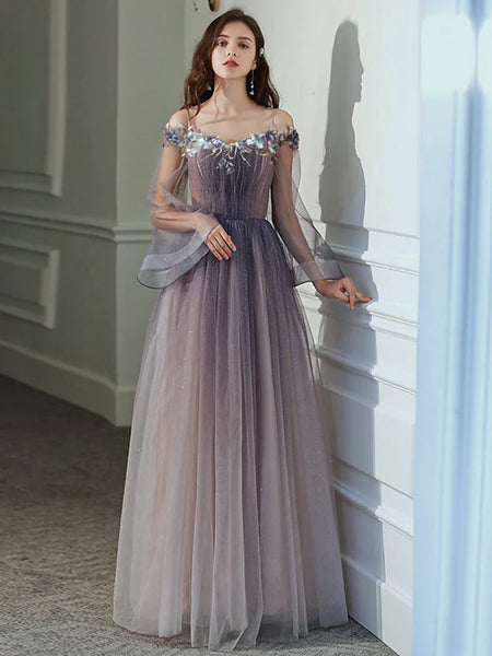 A-line Minimalist Elegant Party Wear Prom Dress Off Shoulder Long Slee 