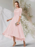 A-Line Evening Gown Empire Dress Wedding Guest Asymmetrical Long Sleeve Jewel Neck Chiffon with Beading Lace Insert