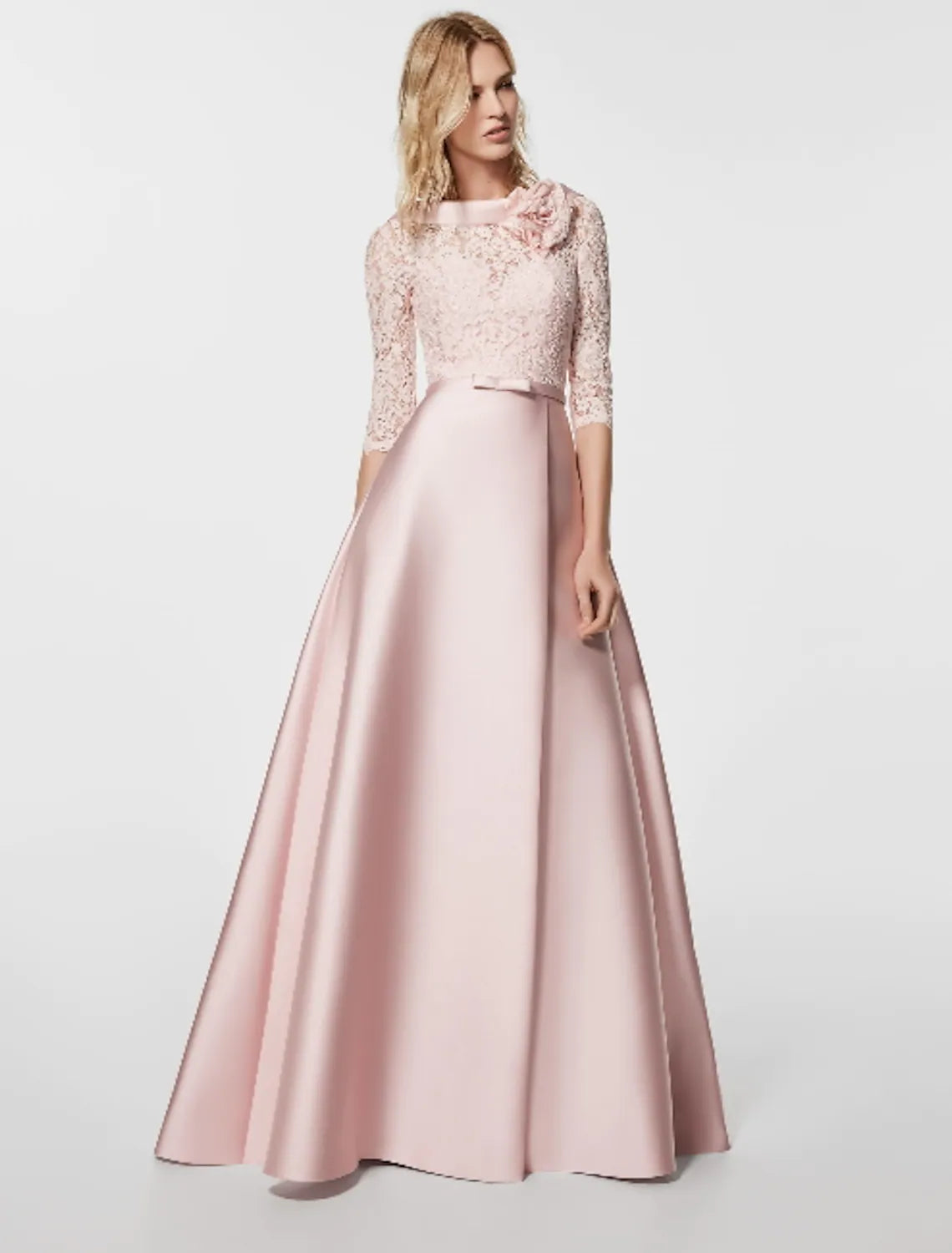 A-Line Evening Gown Minimalist Dress Wedding Guest Floor Length Half Sleeve Jewel Neck Satin with Sash / Ribbon
