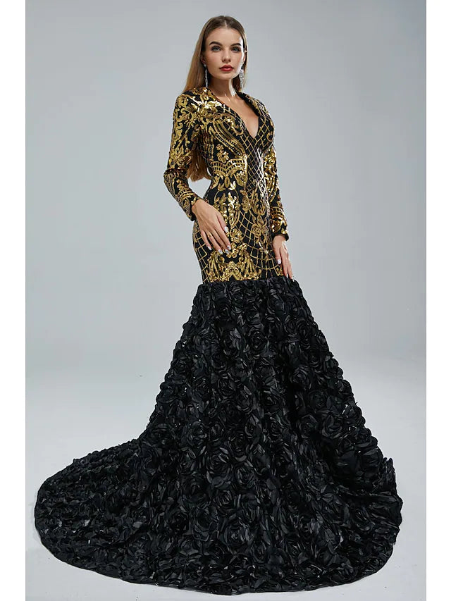 Mermaid / Trumpet Evening Gown Elegant Dress Engagement Court Train Long Sleeve V Neck Sequined with Sequin