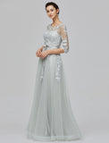 A-Line Empire Dress Wedding Guest Floor Length Half Sleeve Illusion Neck Tulle with Bow(s) Appliques