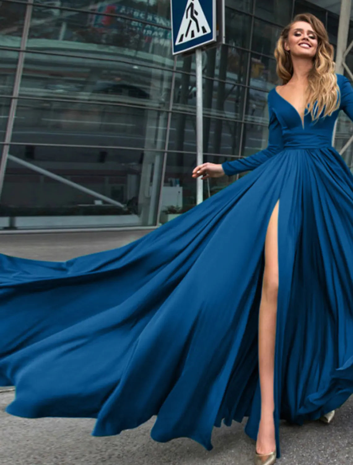 A-Line Evening Gown Empire Dress Holiday Floor Length Long Sleeve V Neck Chiffon V Back with Slit Pure Color