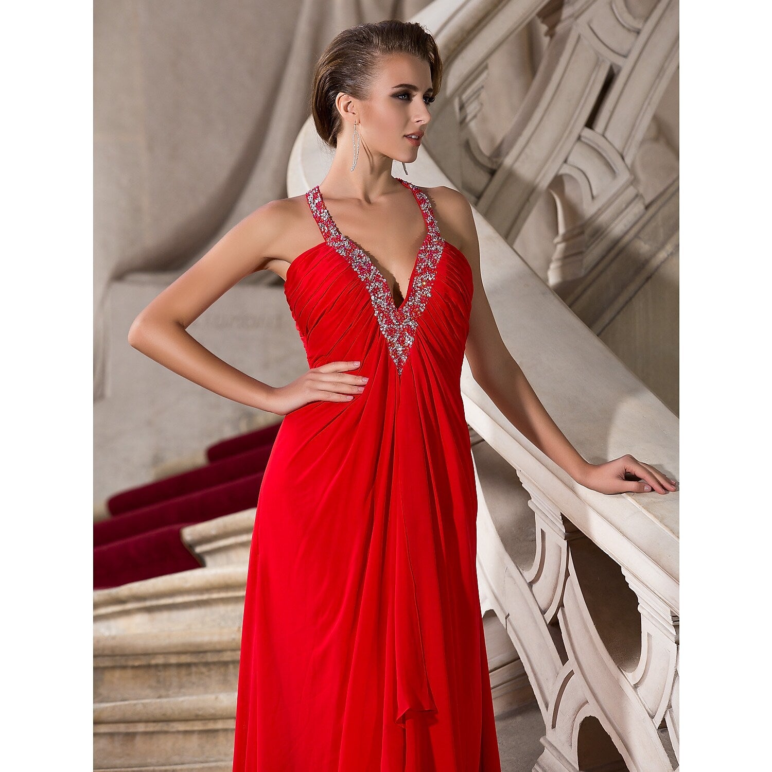 A-Line Celebrity Style Dress Formal Evening Floor Length Sleeveless Plunging Neck Chiffon with Beading
