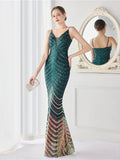 Mermaid / Trumpet Evening Gown Elegant Dress Wedding Guest Floor Length Sleeveless Spaghetti Strap Sequined V Back with Sequin