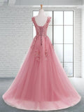 A-Line Prom Dresses Elegant Dress Wedding Guest Sweep / Brush Train Sleeveless Jewel Neck Tulle with Appliques