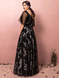 A-Line Plus Size Prom Formal Evening Dress V Neck Half Sleeve Floor Length Lace with Sash / Ribbon Pleats Sequin